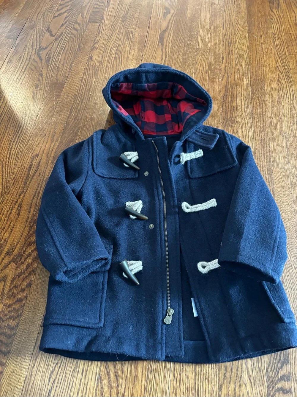 Baby GAP - Navy wool blend Pea Coat with Toggles and Red Plaid hood Lining